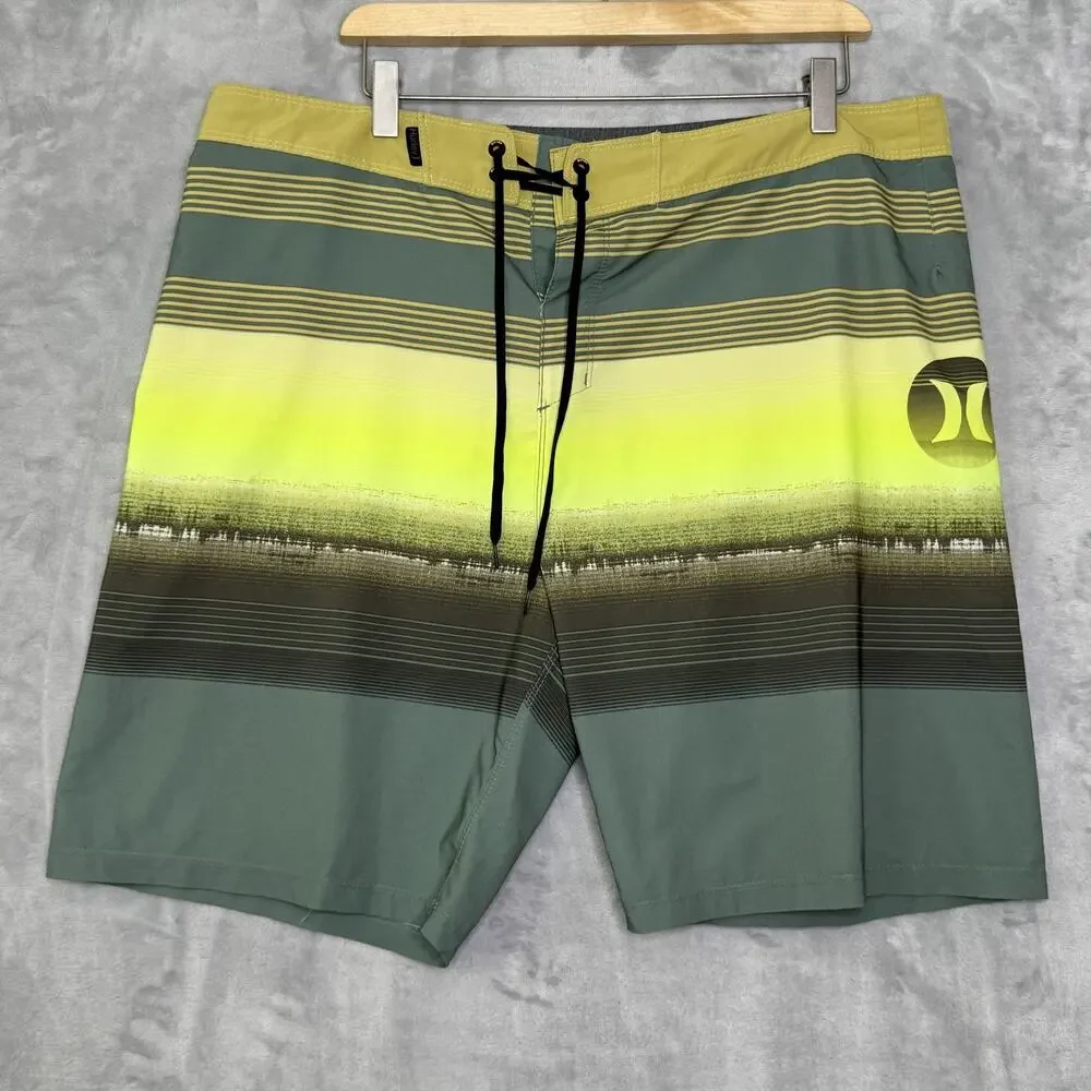 Hurley Phantom Board Shorts Mens 36 Green Yellow Stripe Swim Trunks Surf Pocket